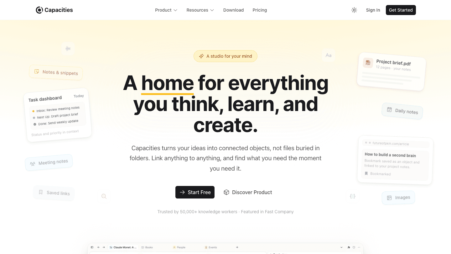 Capacities personal knowledge management app homepage