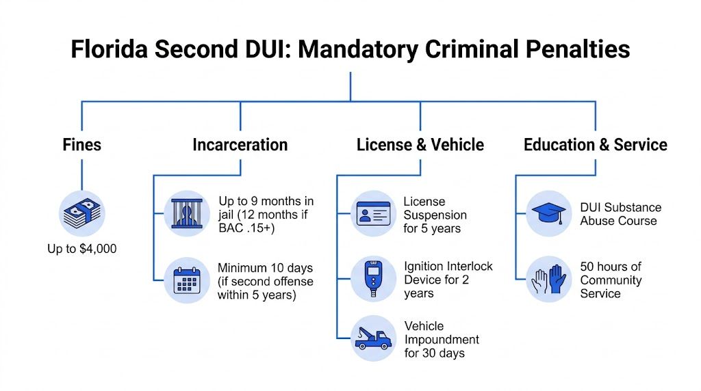 A diagram outlining the mandatory criminal penalties for a second DUI offense in the state of Florida.