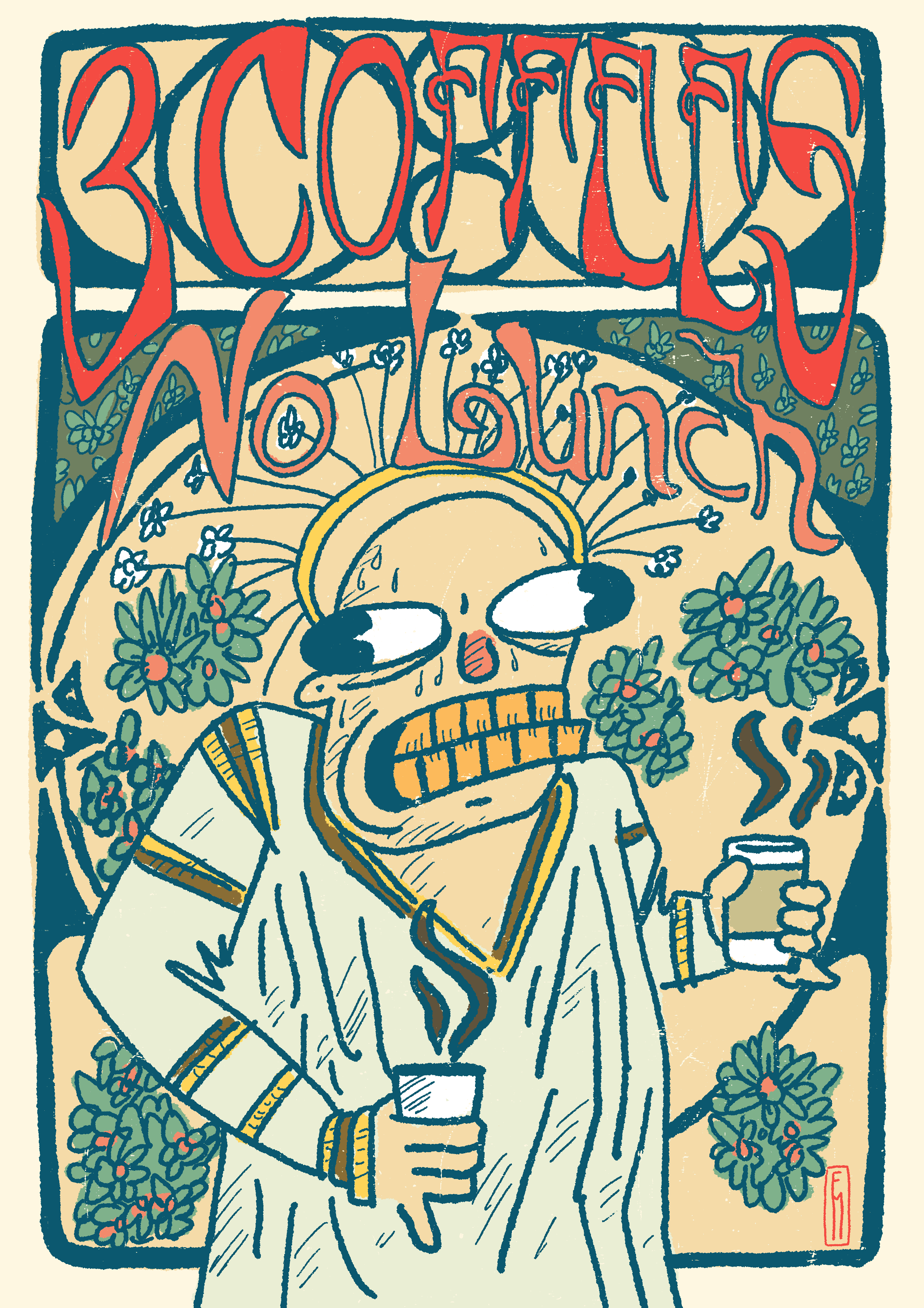 A highly over-caffienated man holding multiple cups of coffee styled like an Alphone Mucha poster