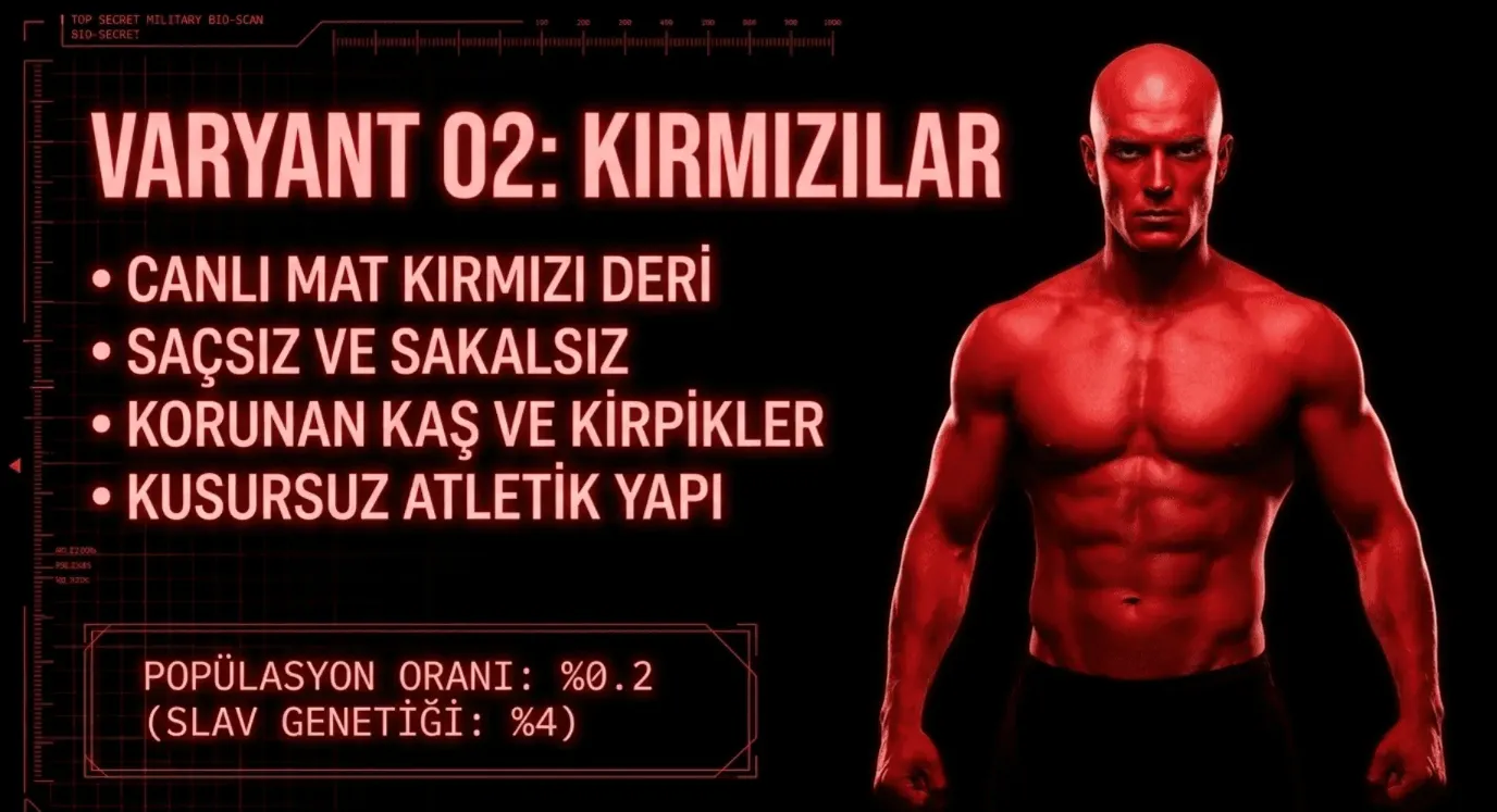 Nanomorf I: Değişikler – Kırmızı fenotipi biyometrik verileri ve varyant özellikleri. Distopik bir atmosferde, 2026 çıkışlı iddialı bir yerli biyopunk bilimkurgu romanı karakter analiz görseli.