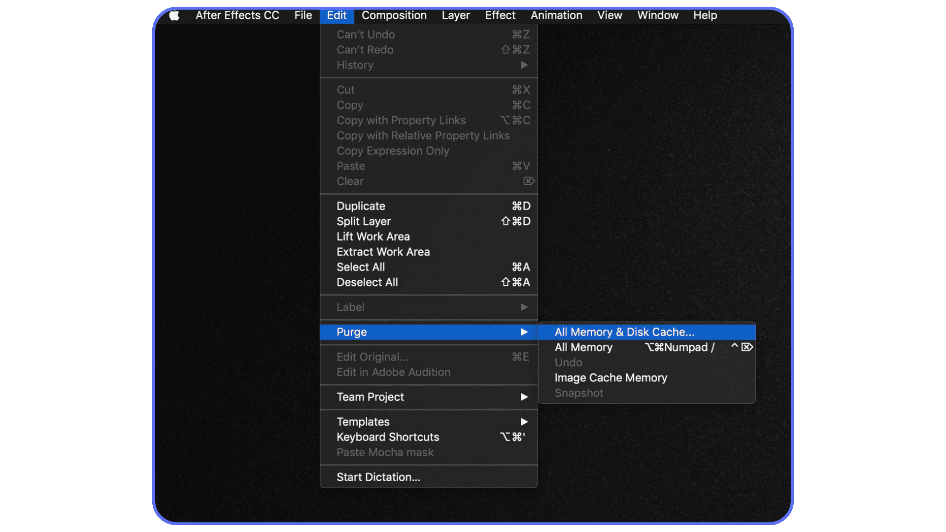 After Effects Purge menu with All Memory and Disk Cache option selected