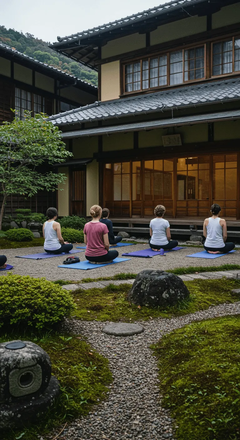 A group of women participates in a yoga or meditation class in the serene courtyard of a traditional Japanese building. Viewed from behind, they sit cross-legged on mats arranged on the gravel, facing the building and surrounded by a manicured moss and rock garden.