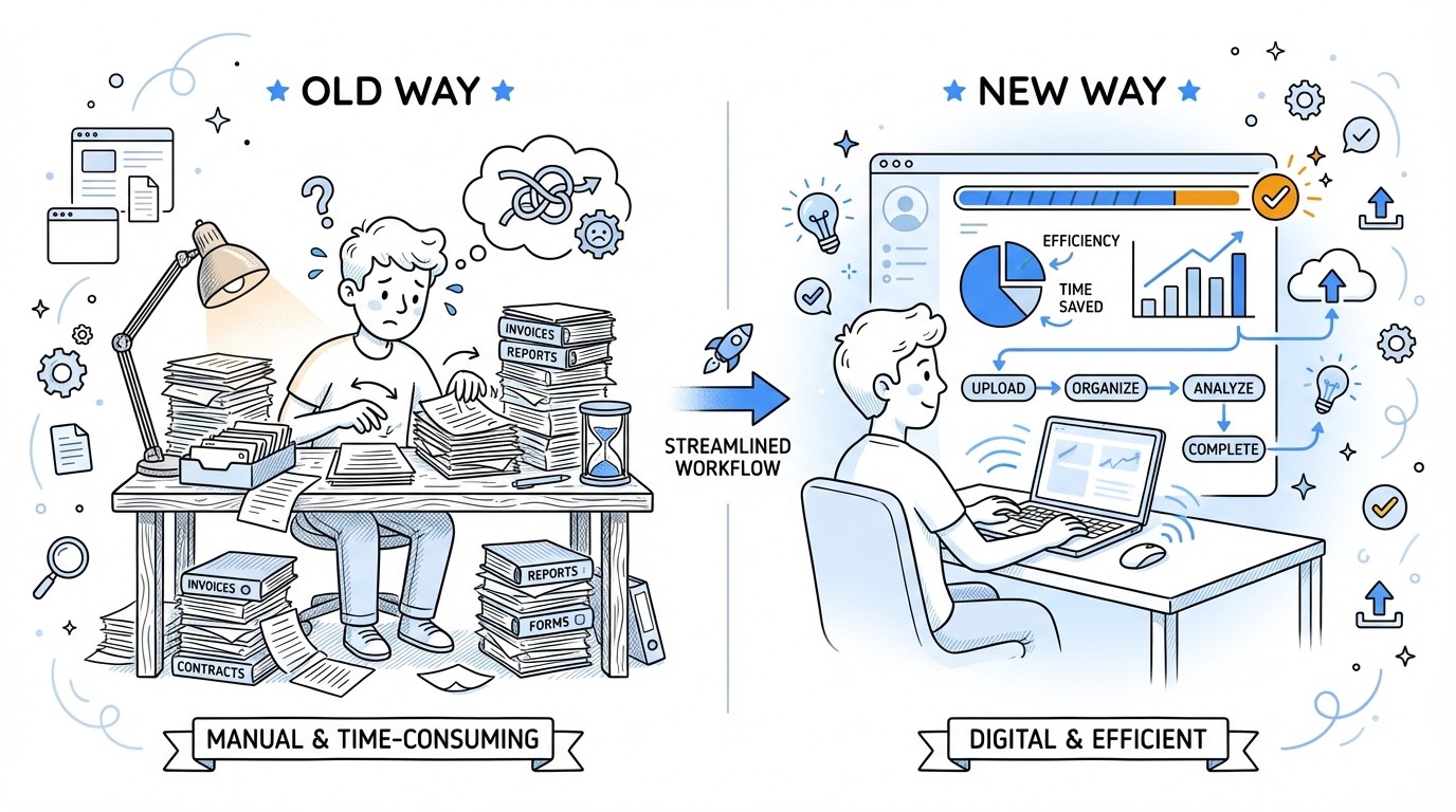 A comparison infographic showing a person manually sorting paper documents on the left versus a person using a laptop for efficient digital screening on the right, highlighting time-saving benefits.