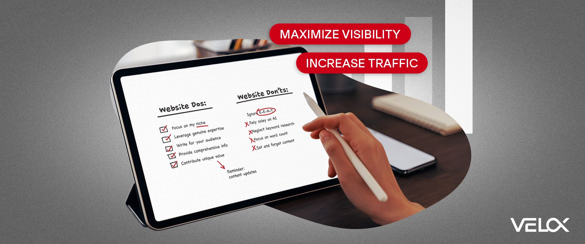 A list of website dos and don'ts on a tablet with "maximize visiblity" and "increase traffic" floating nearby.
