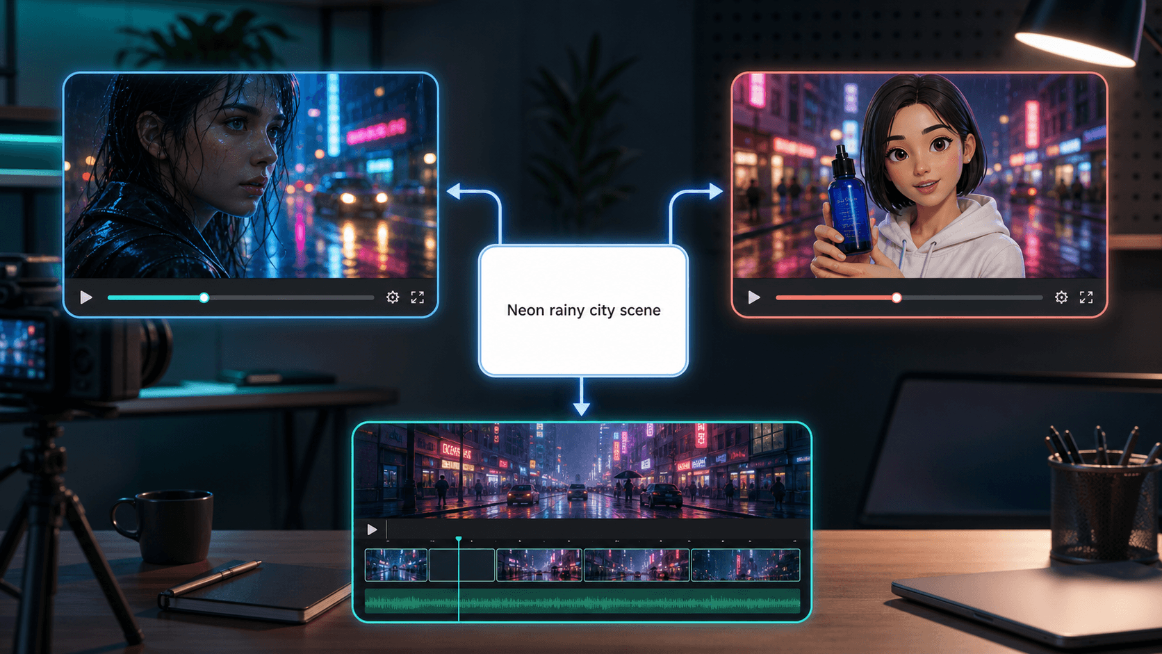 The same rainy neon-street cinematic prompt run through Higgsfield AI, Jogg AI, and InVideo AI for a side-by-side comparison