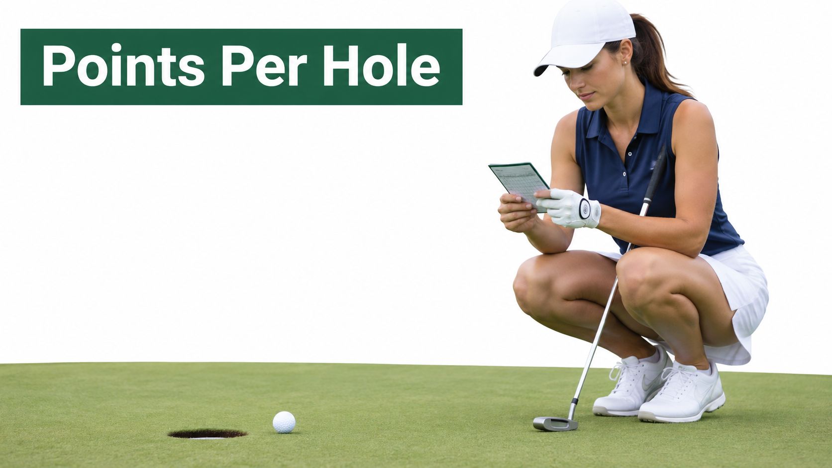 A female golfer crouches on the green, checking her scorecard while preparing to putt her golf ball.