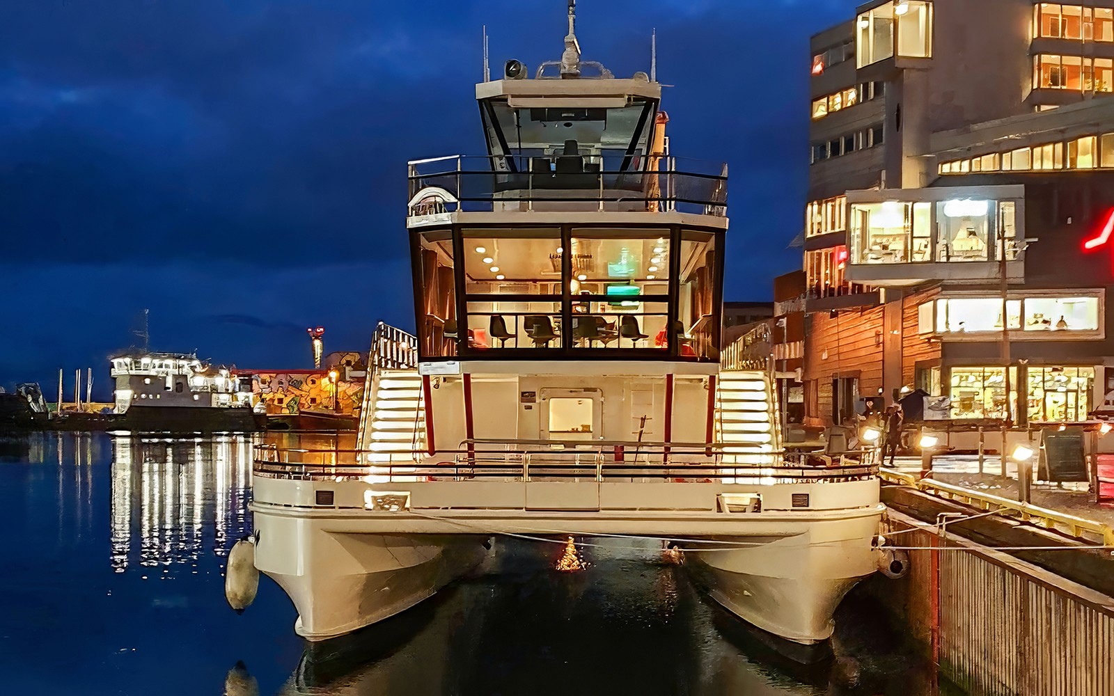 Електричний круїзний лайнер пришвартований вночі для туру Північним сяйвом.