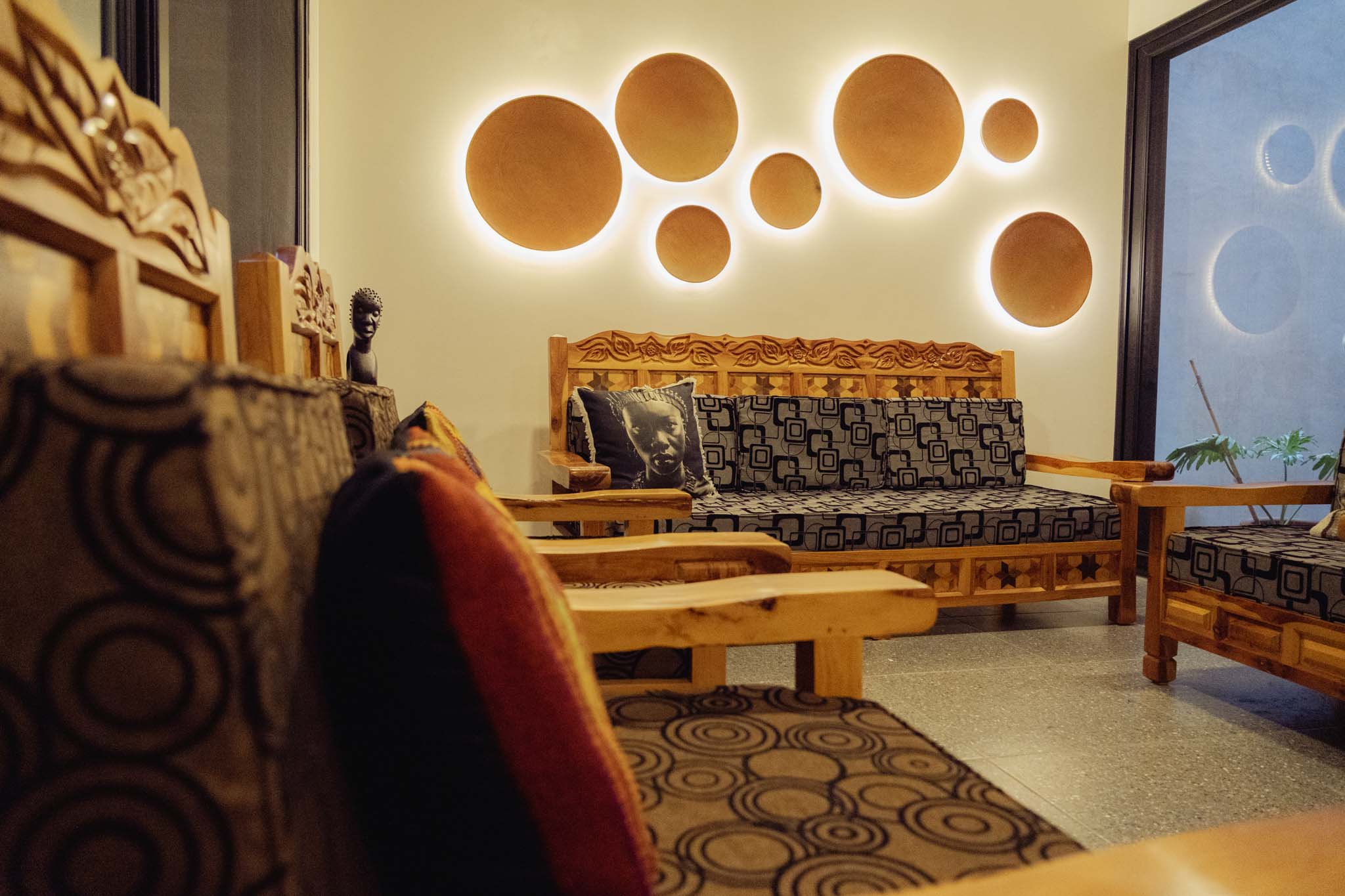 Interior common area with African inspired decor.