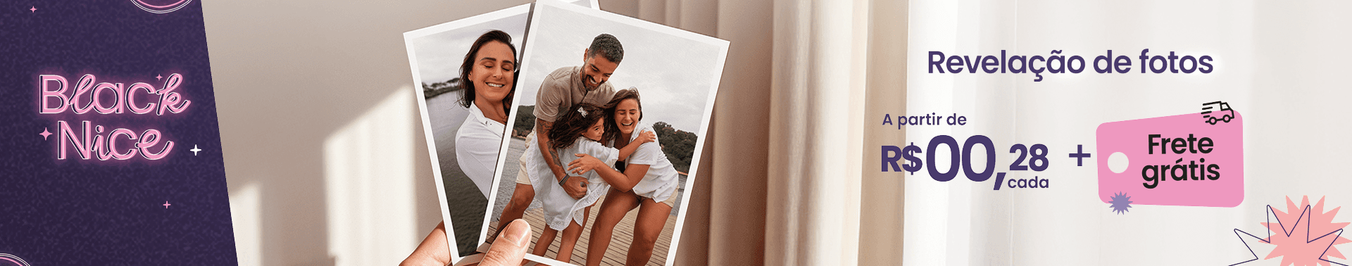 Banner promocional, Revelação de fotos a partir de vinte e sete centavos cada foto + frete grátis