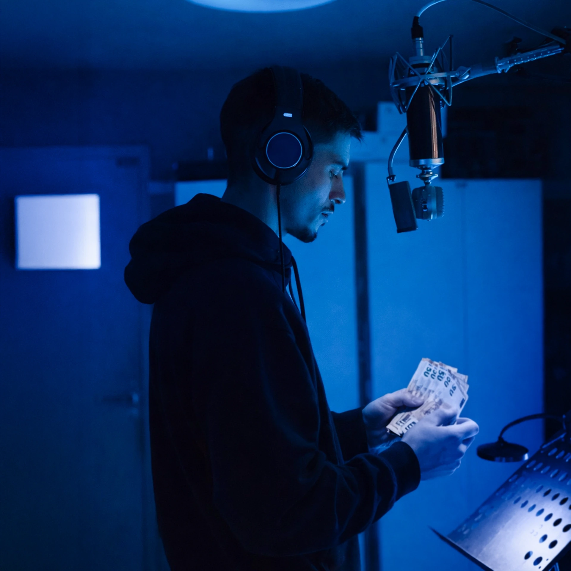 Artista che conta soldi in studio di registrazione, focus su monetizzazione musicale.