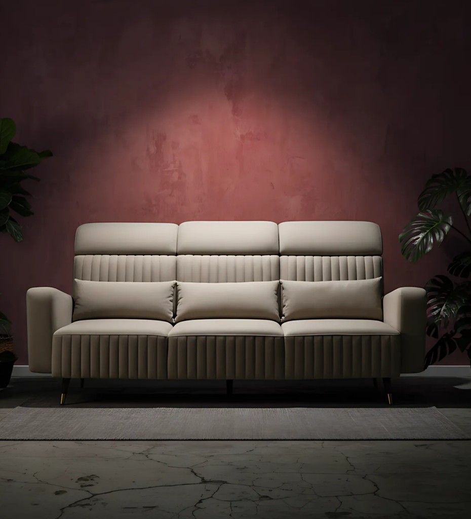 Three-seater fabric seating with vertical channel detailing and brass-tipped wooden legs