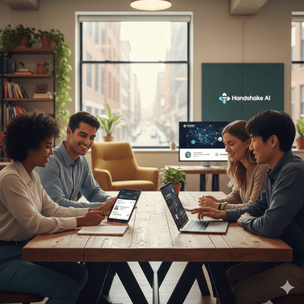 Four people are gathered around a wooden table in a modern office space, engaged in a collaborative meeting with laptops and notebooks, while a sign reading "Handshake AI" is displayed in the background.