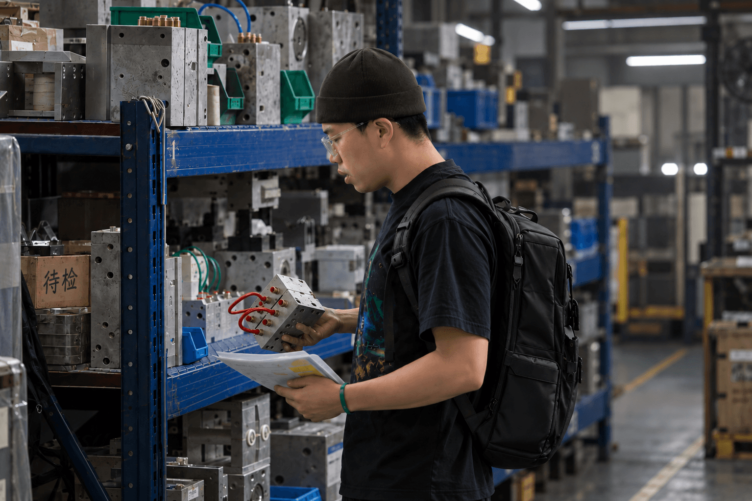 A close-up production component being checked with digital calipers beside tooling geometry