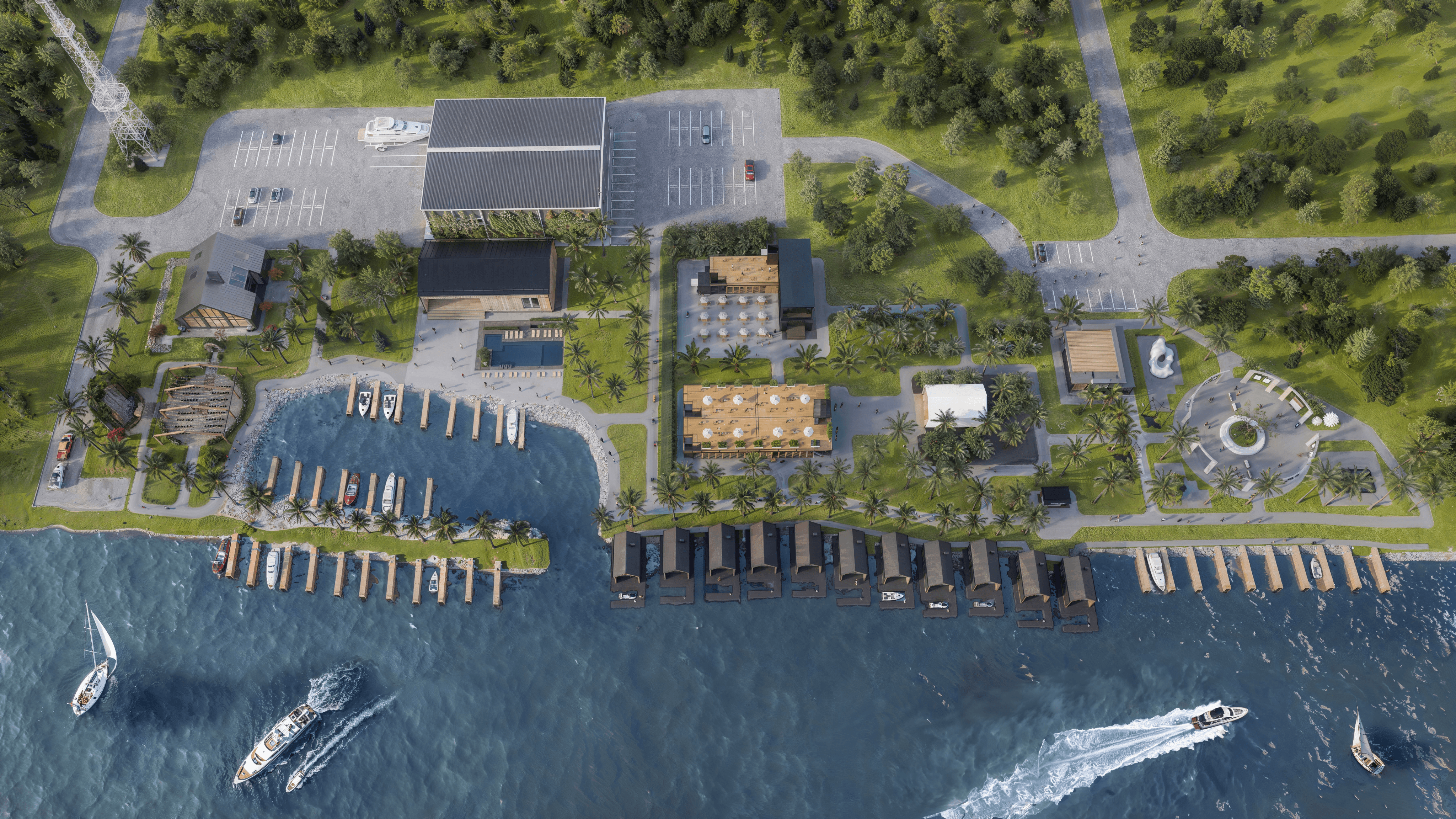 Modern architectural workspace with large floor-to-ceiling windows, surrounded by trees, and desks filled with design materials and books. Two blurred figures are walking through the space.