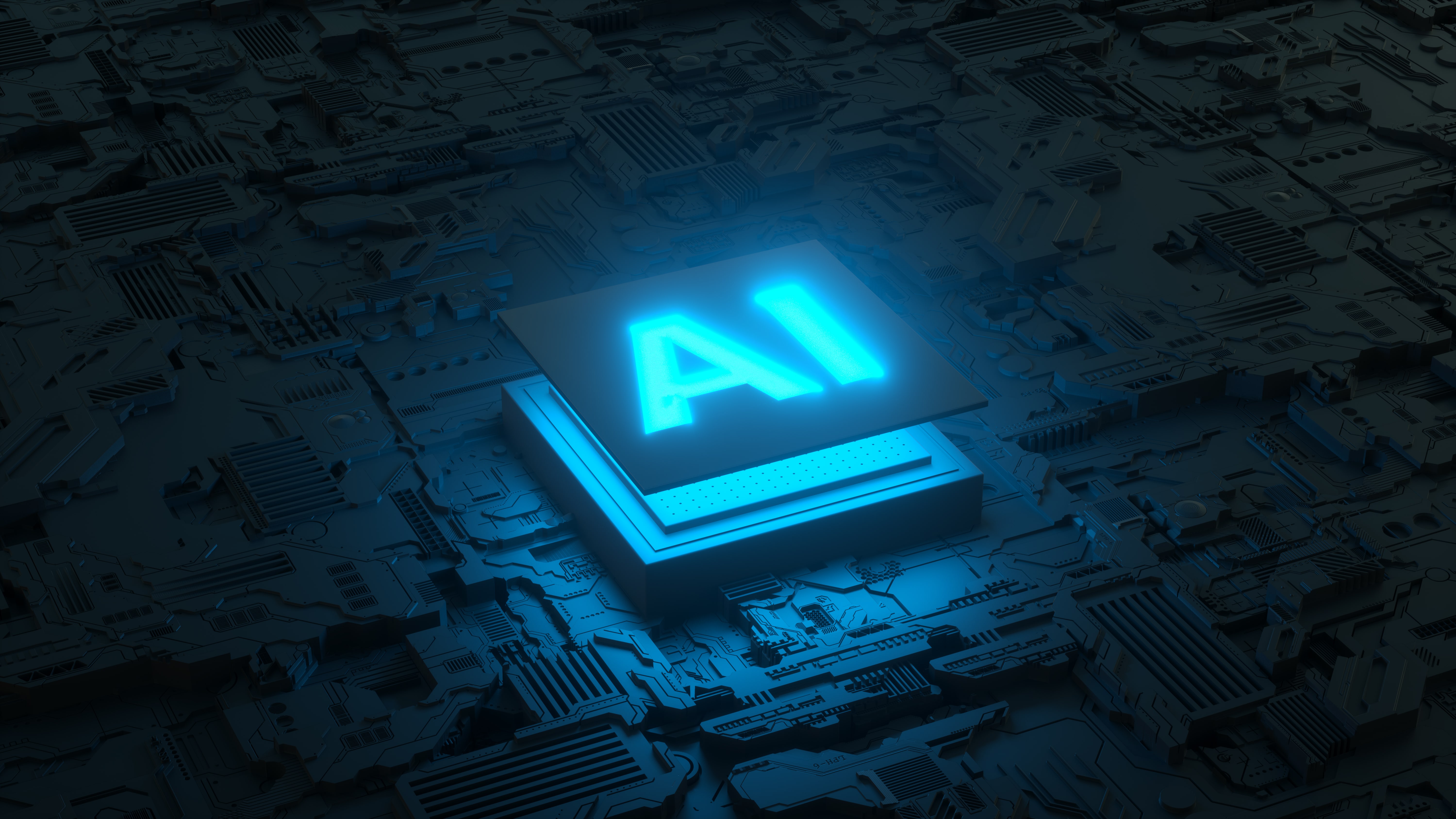 A 3D render of a glowing blue "AI" processor chip at the center of a complex, futuristic circuit board, symbolizing artificial intelligence technology.