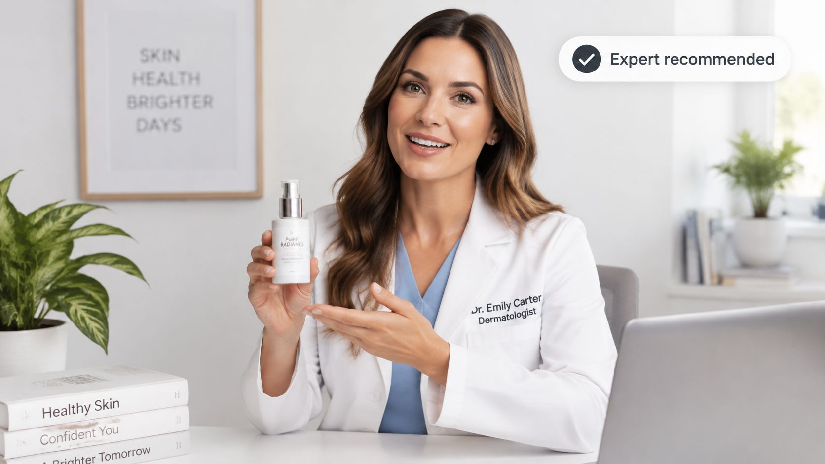 A professional dermatologist in a white coat recommending a skincare product while sitting at her office desk.