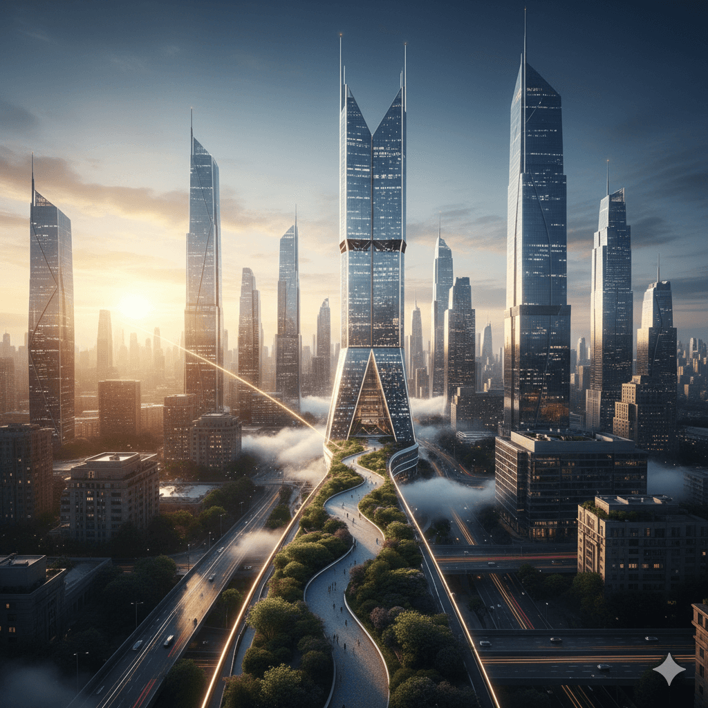 Futuristic commercial skyscraper skyline at sunset in Manesar Gurgaon