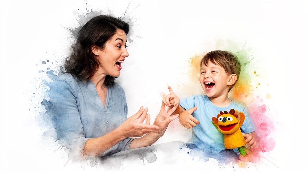 A happy woman and a young boy laughing and making hand gestures with a puppet.