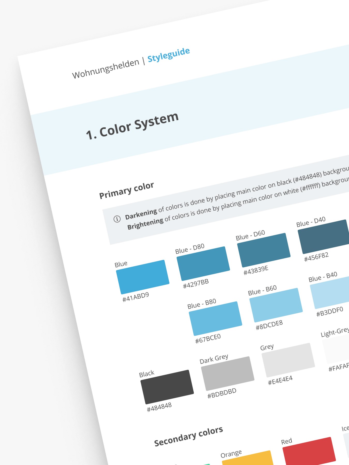 Styleguide mit Farbsystem für eine digitale Plattform.