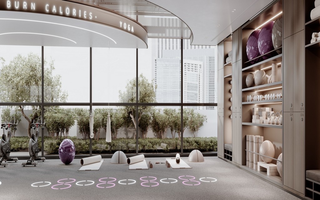 A gym room featuring a large window and a spacious mirror, designed by Le Blanc by Imtiaz.