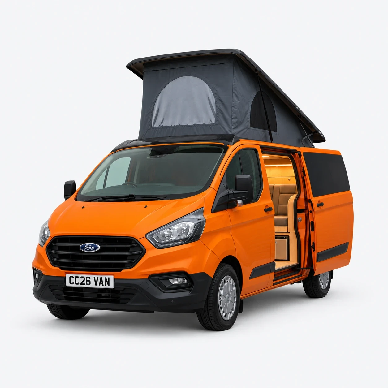 Ford Transit Custom campervan conversion render with raised pop top and open sliding door