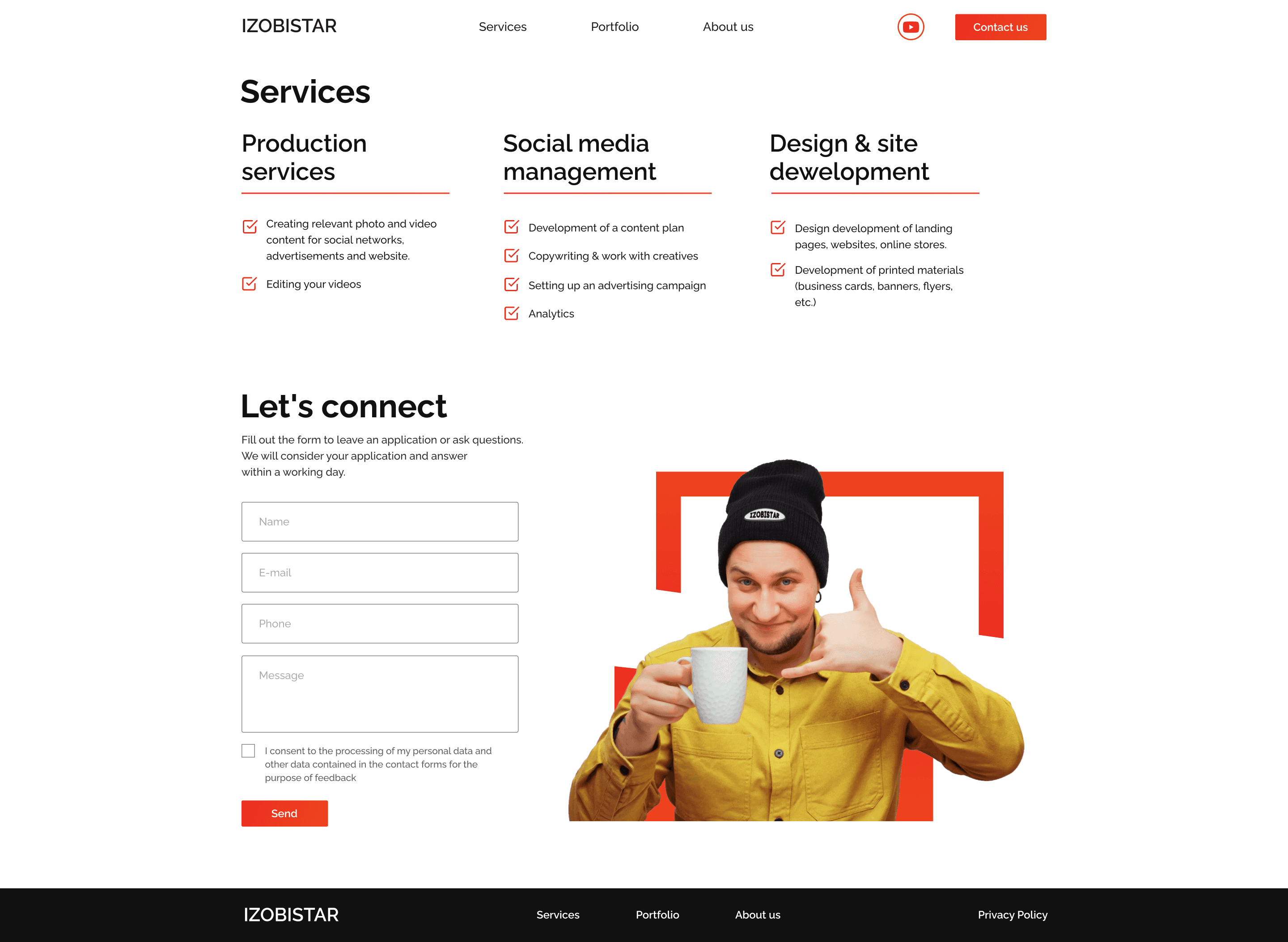 Services & contact — structured, scannable sections