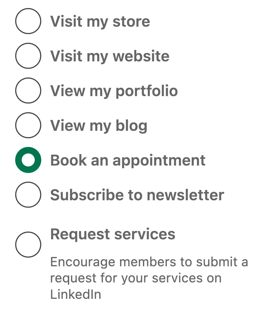 Screenshot of dropdown to put a booking link in my LinkedIn