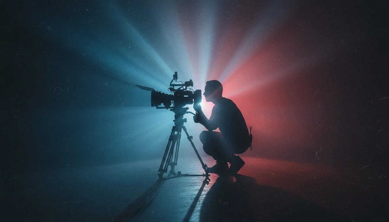 DSLR photography of a filmmaker's silhouette from a side profile view, operating a professional cinema camera mounted on a tripod. The dark studio is filled with thick haze, dramatically backlit with strong, volumetric beams of blue and red light that radiate outwards across the frame. Cinematic contrast, moody atmosphere, heavy film grain.