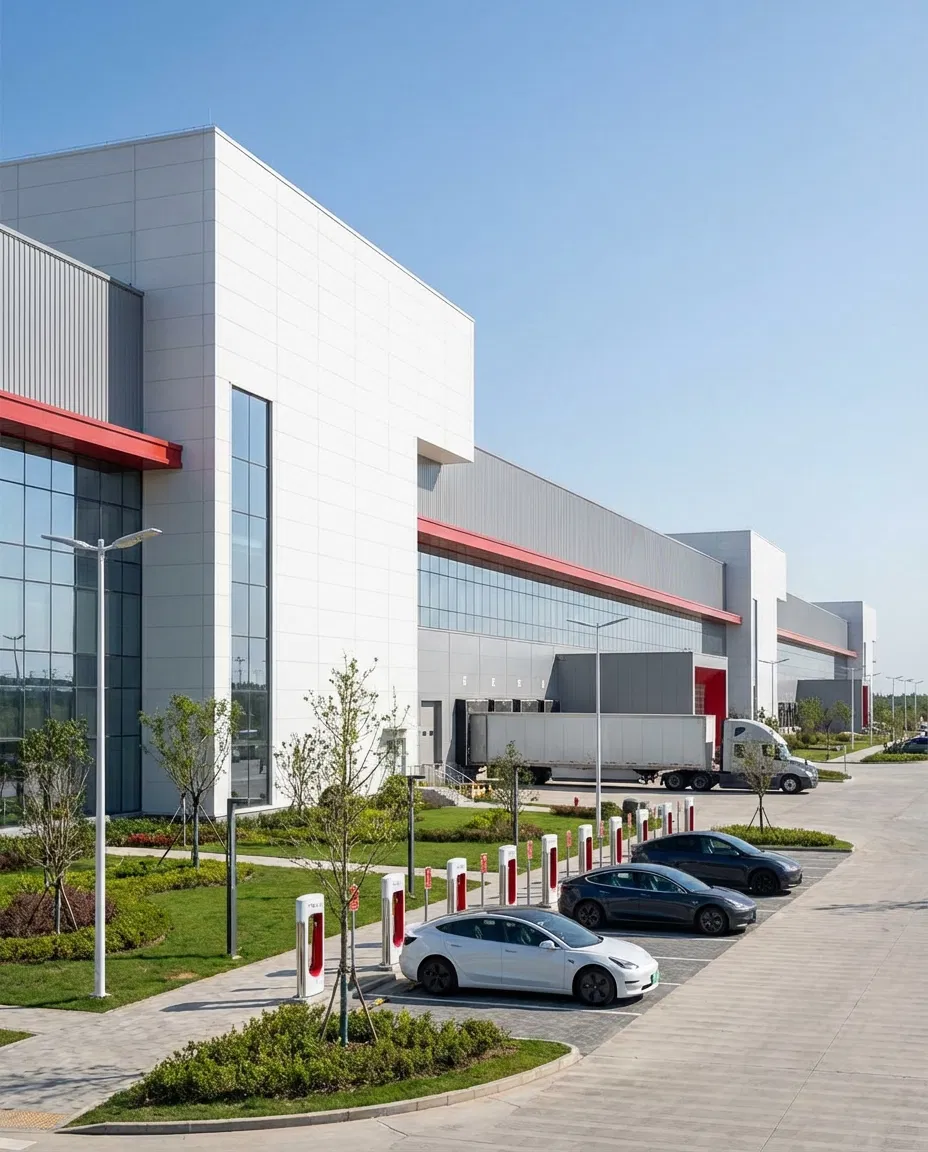 Exterior view of a Tesla manufacturing facility with clean industrial architecture.