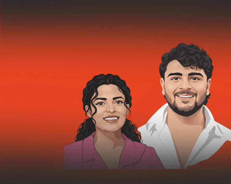 Illustration of a smiling man and woman with curly dark hair.