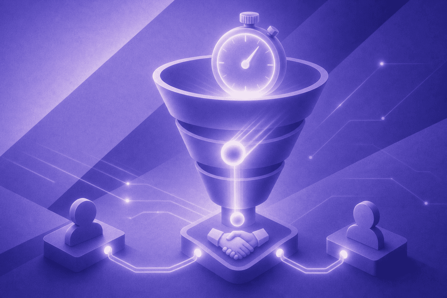 A sleek, modern business visualization showing a sales funnel with a glowing stopwatch or timer at the top, symbolizing urgency and speed. A qualified lead represented as a bright glowing orb moves rapidly down through funnel stages toward a handshake or deal icon at the bottom. Abstract digital lines and nodes suggest a real-time connection between a buyer and a sales representative. Dark blue and teal color palette with dynamic light trails conveying momentum and rapid response. Clean, professional, B2B software aesthetic.