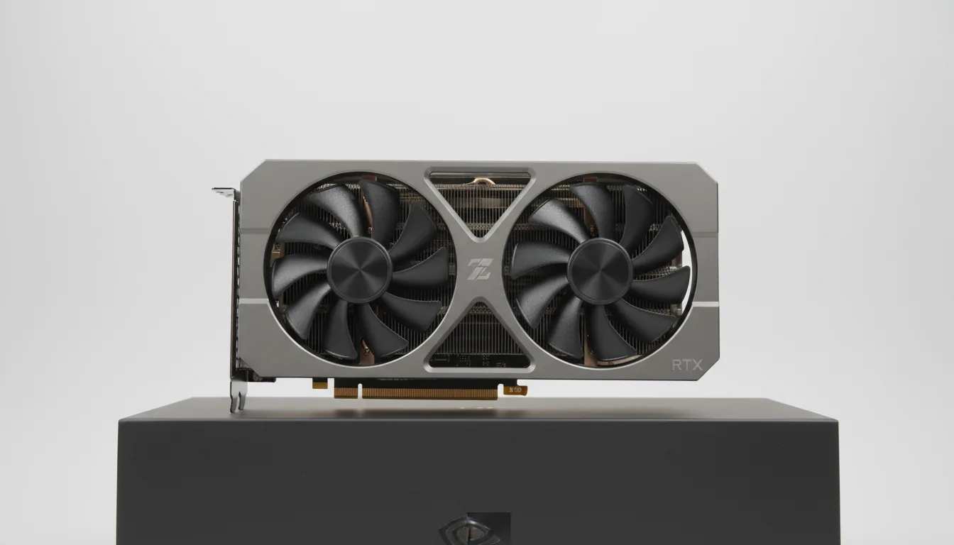 DSLR product photography of a modern NVIDIA Founders Edition GPU resting on its matte black box. The shot is a clean side-angle view, captured under soft studio lighting against a seamless, off-white background. Every detail is in sharp focus, highlighting the gunmetal gray metal frame with its iconic X-shape, the matte black fan blades, and the textured cooling fins. The gold-plated PCIe connector is visible at the bottom.