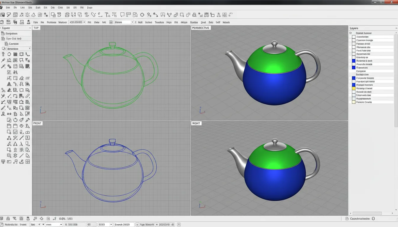 Screenshot of Rhino 3D modeling software in a Clean Light Mode. The interface is dominated by a four-panel viewport showing a 3D model of a teapot. Three viewports display green and blue wireframe schematics (Top, Front, Right views) on a grey grid background. The top-right viewport shows a shaded Perspective view of the teapot with a vibrant green top, a royal blue bottom, and a metallic silver lid handle. A vertical toolbar with numerous design icons is on the far left, and a Layers panel with abstracted text lines and color swatches is on the right. The top and bottom of the screen feature toolbars and status bars with placeholder UI elements.