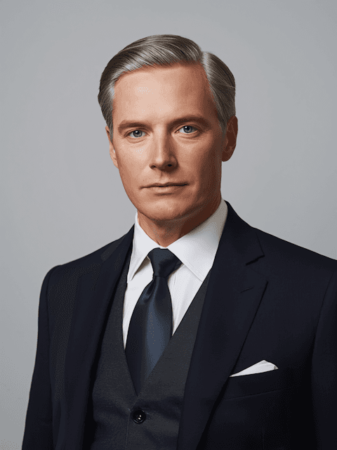 A professional portrait of a person in a navy suit, white shirt, and tie, exuding a polished and formal appearance.