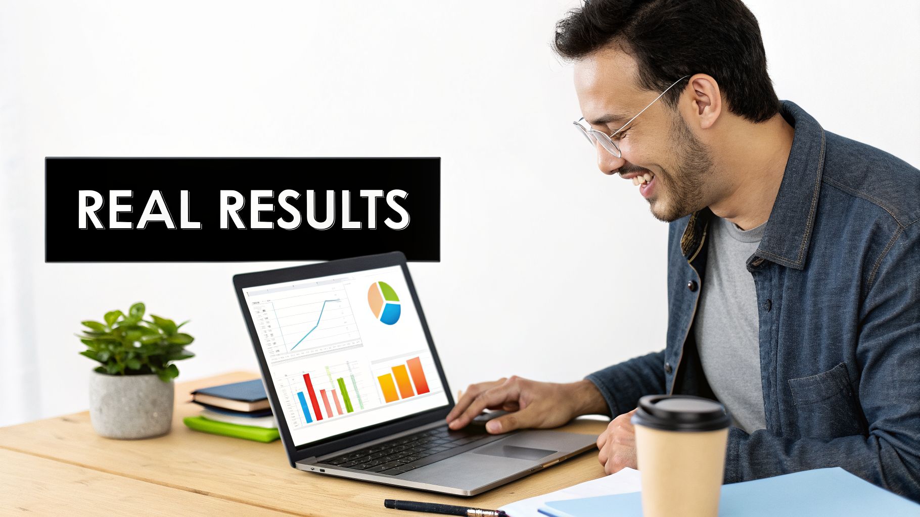 Smiling man happily looking at a laptop displaying business charts and 'REAL RESULTS' text.