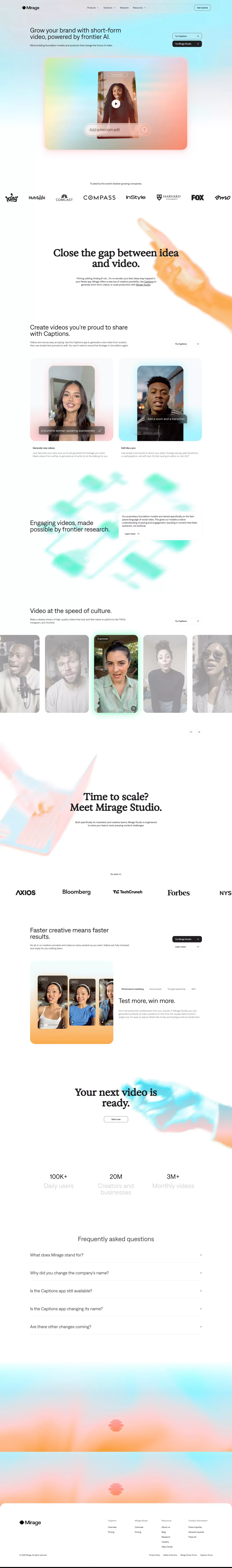 Mirage AI Video landing page screenshot showcasing AI and Marketing design