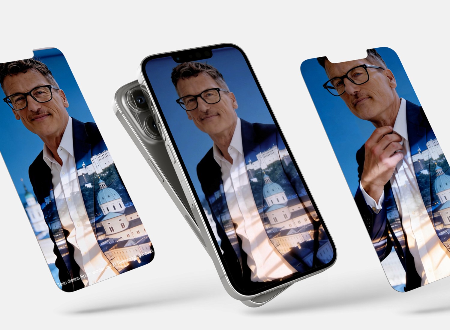 Mobile Mockup wo ein Herr in verschiedenen Bildausschnitten zu sehen ist.