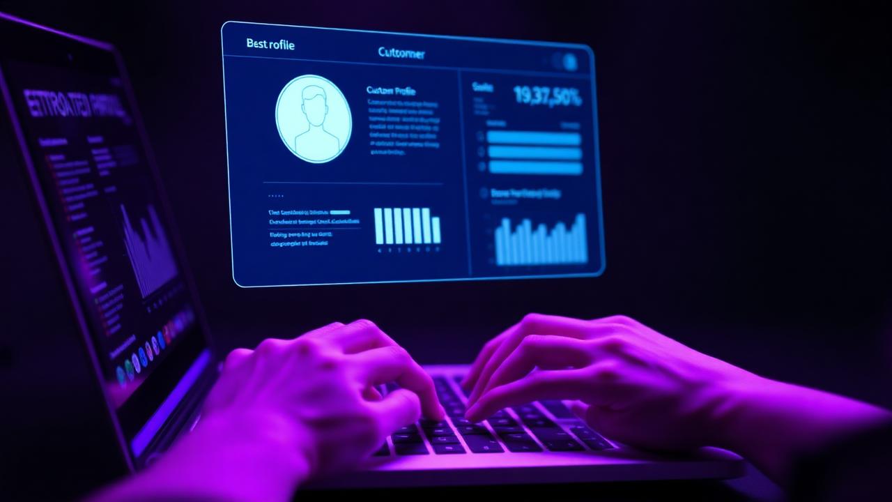 Laptop showing holographic customer profile data