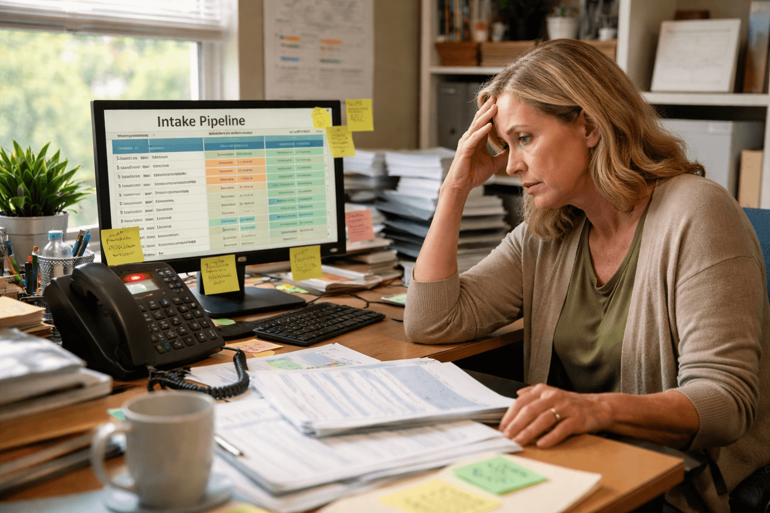 A small home care agency office where a solo owner sits at a cluttered desk covered with sticky notes and printed intake forms, looking at a ringing desk phone, while a nearby monitor shows a spreadsheet titled “Intake Pipeline” with columns labeled “Lead Name,” “Status,” and “Next Step”; natural daylight, documentary style, 3:2.