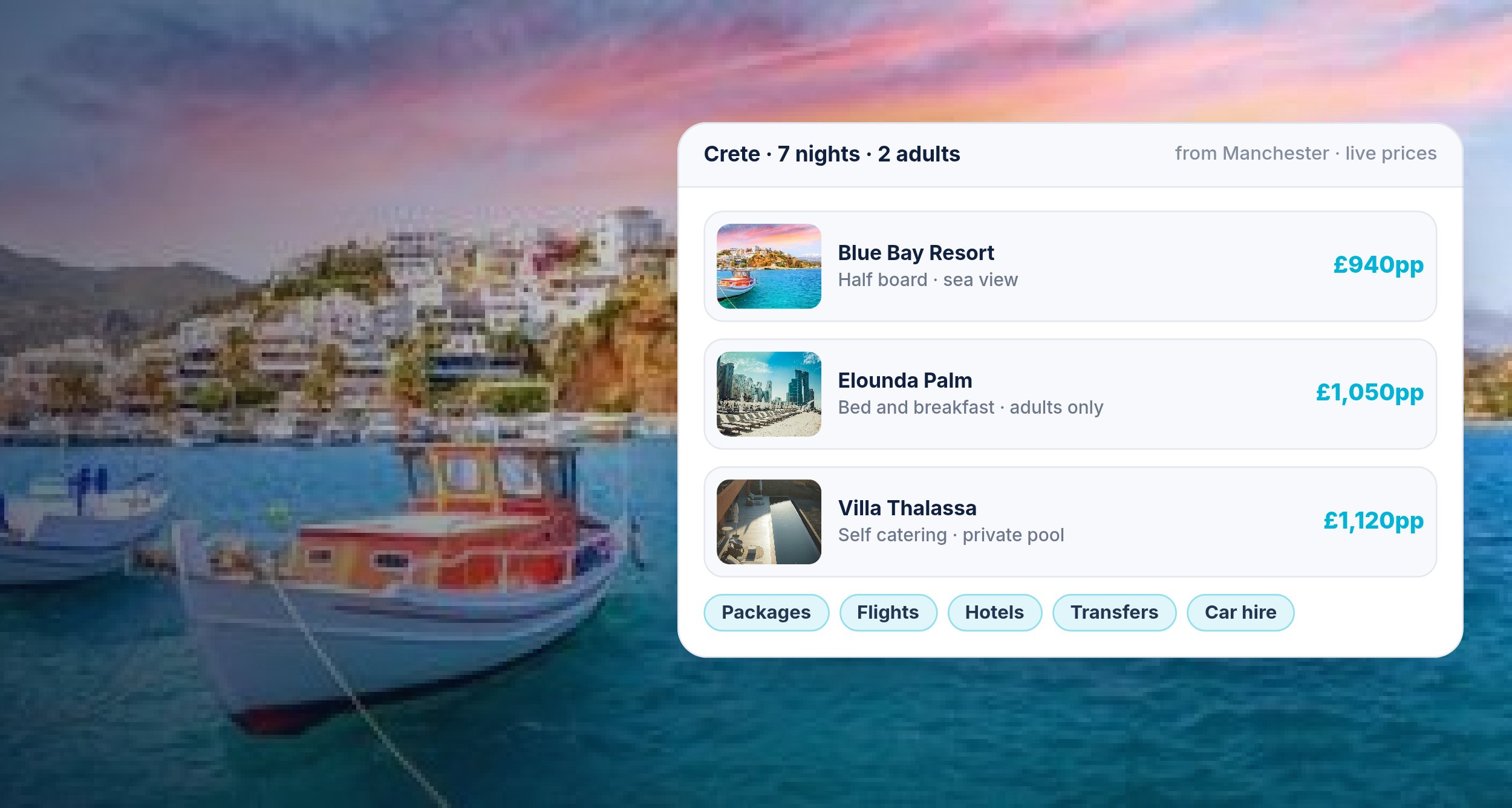 Live hotel results over a Cretan harbour