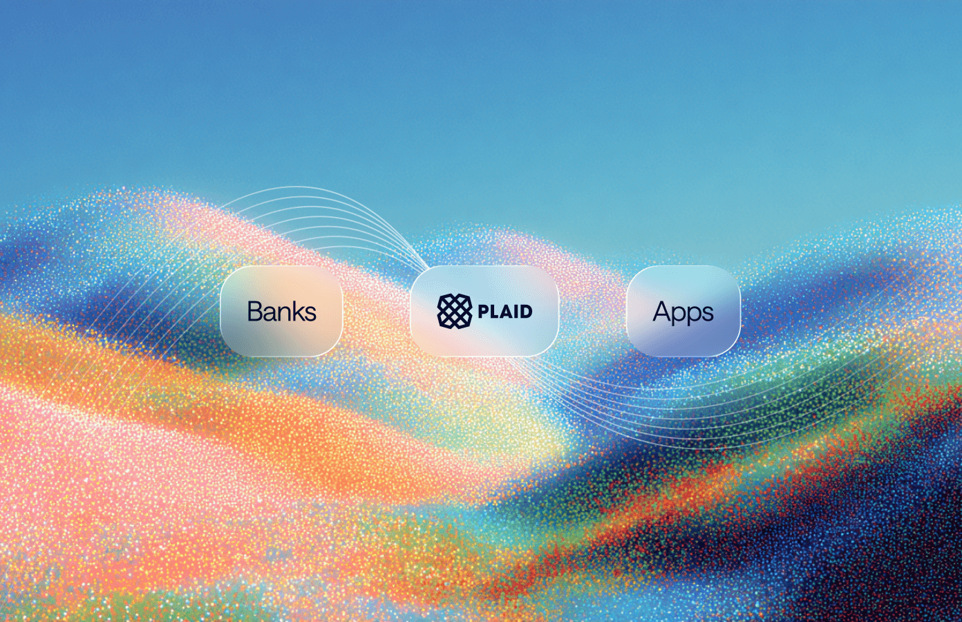 Abstract hero image showing a dynamic wave of orange and blue particles on a gradient background.