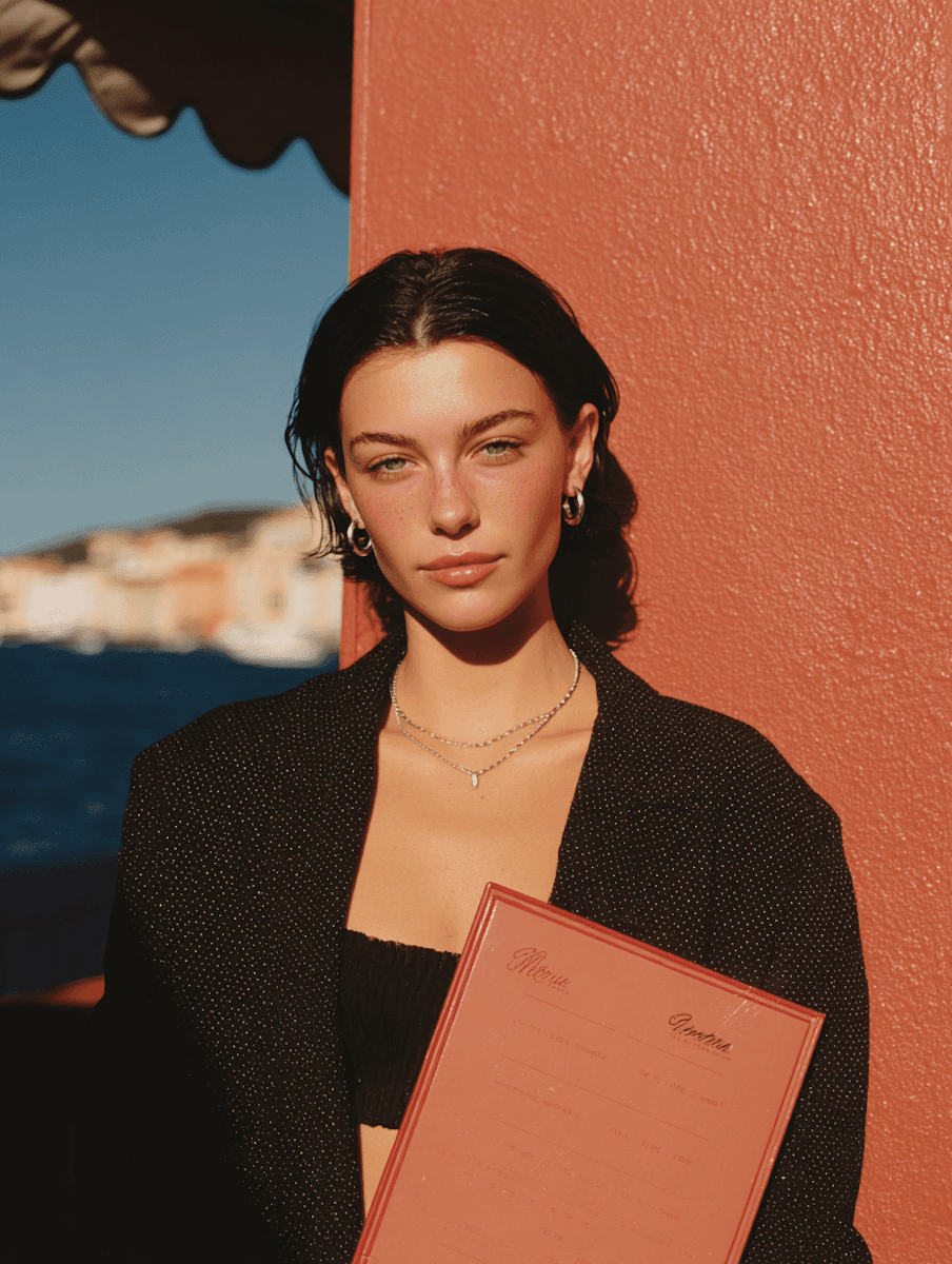 A woman stands against an orange wall, holding a red folder, with a scenic backdrop of blue water and buildings.