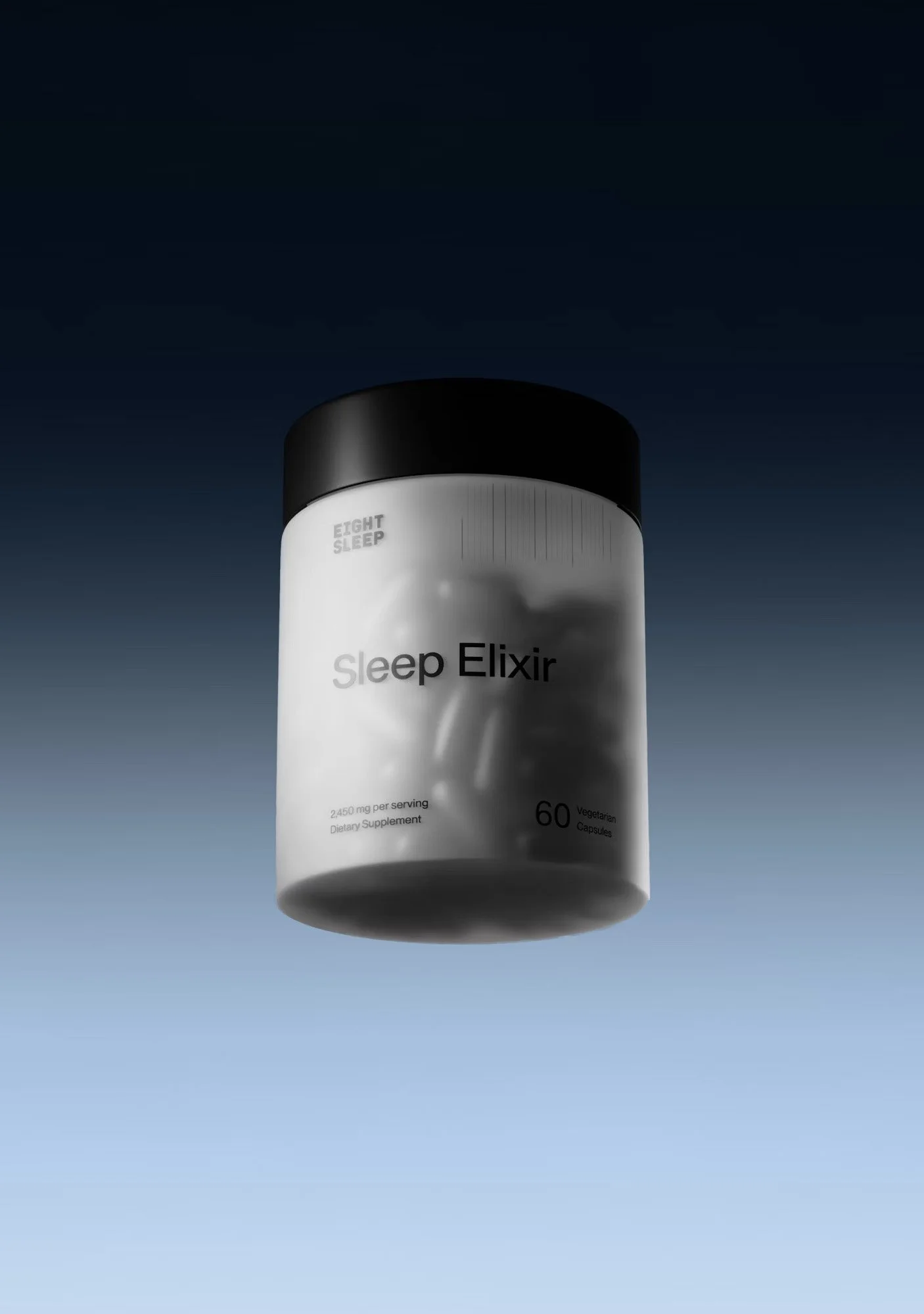 Eight Sleep supplement packaging jar on a dark blue background