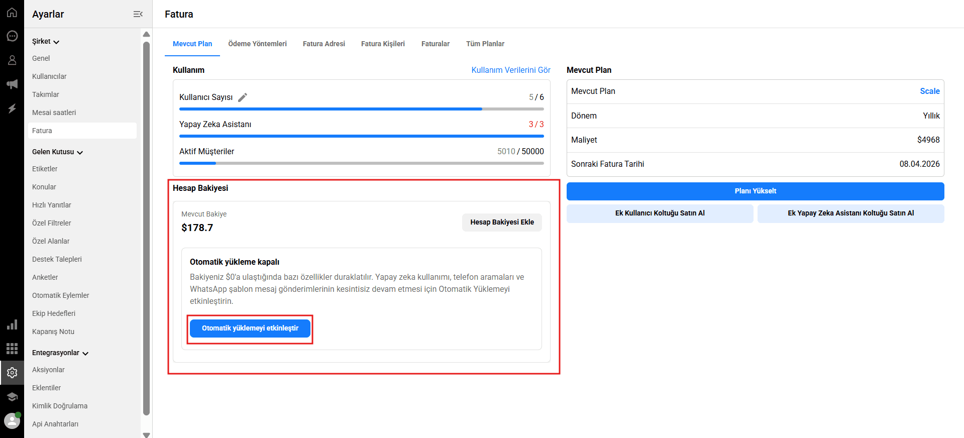 A screenshot of the Qpien Billing dashboard highlighting the Account Balance section and the Auto recharge toggle.