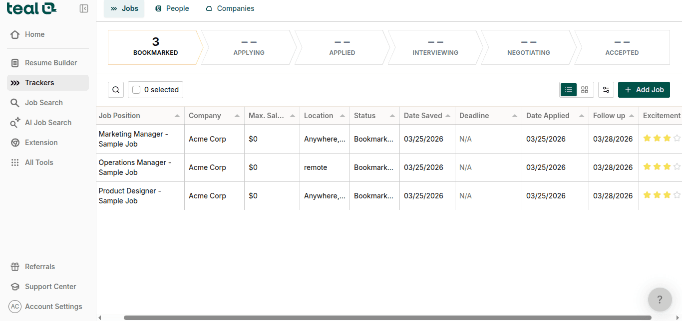 Teal Job Tracker showing saved job applications
