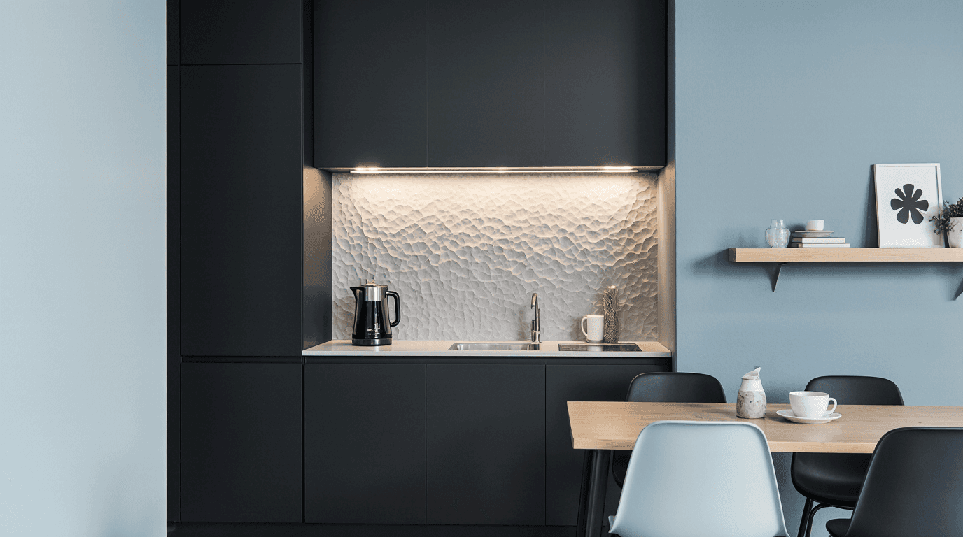 Contemporary kitchen nook with matte black cabinets, textured metallic backsplash, and a small dining table in the foreground.