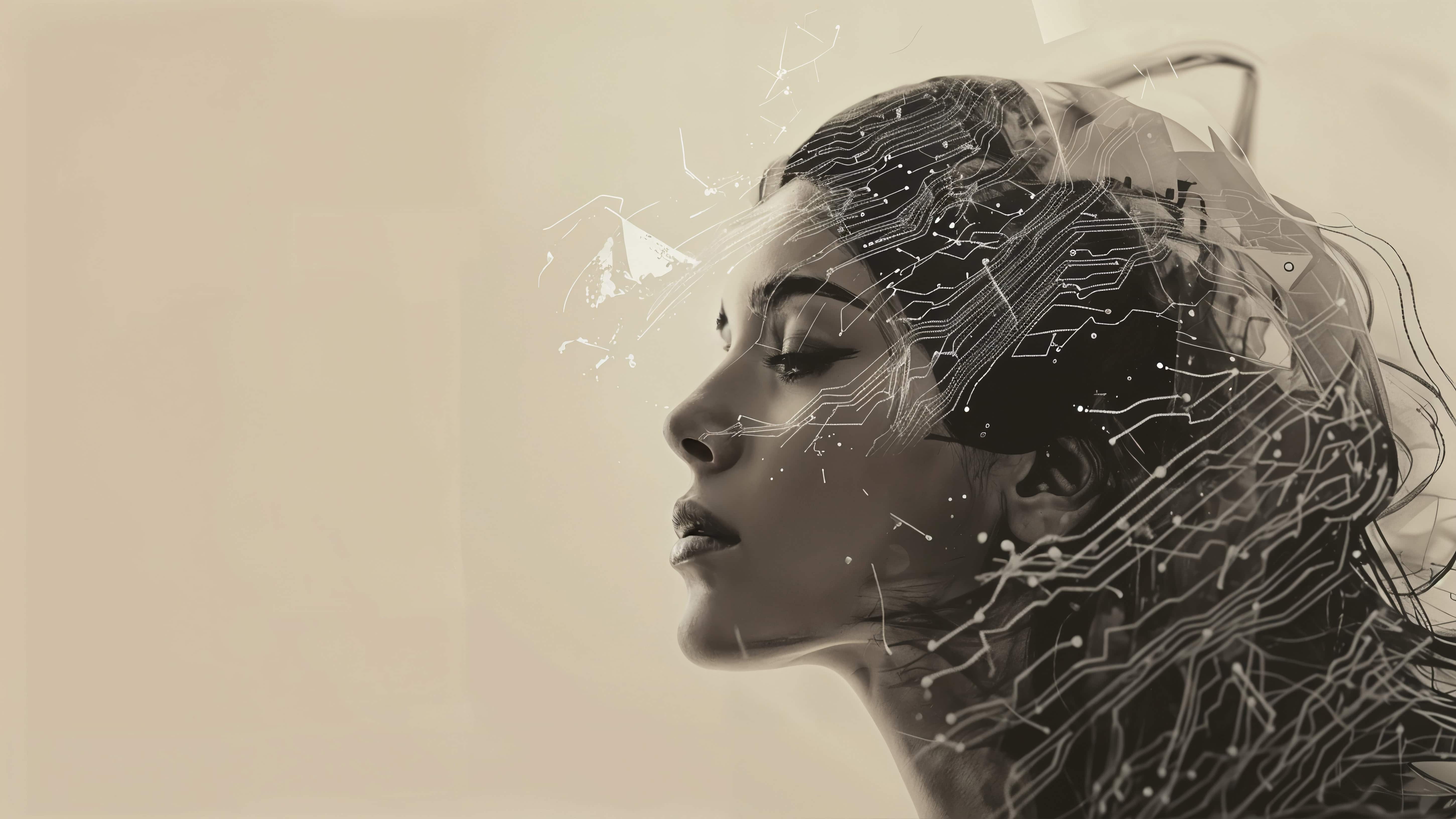 Profil d'une femme avec une superposition de motifs électroniques et abstraits, créant une image artistique et futuriste.