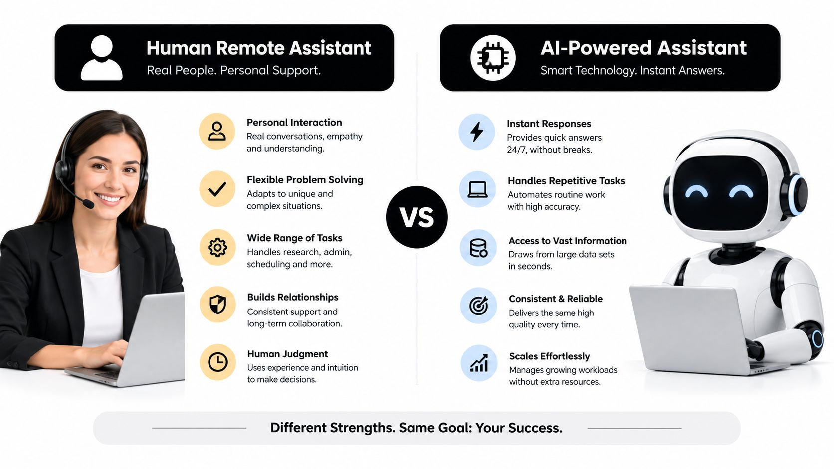 A comparative infographic showing the strengths of human remote assistants versus AI-powered assistants for business support.