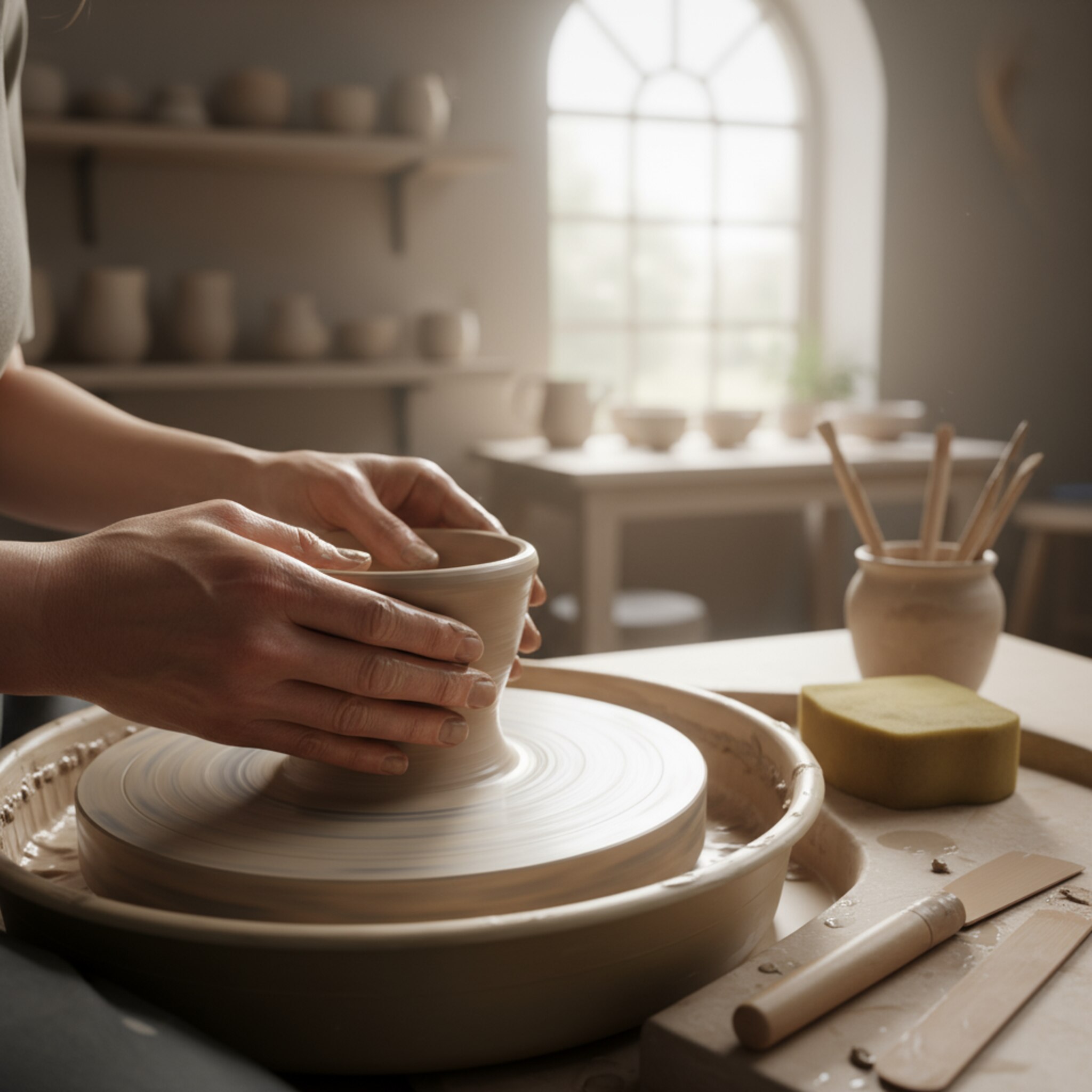 Warme Nachmittagssonne fällt auf eine Drehscheibe, während zwei Hände eine weiche Schale hochziehen. Feuchte Schwämme und ein Holzrib liegen griffbereit, dünne Tonspäne bilden einen Ring. Der Ton glänzt leicht, Wasser perlt am Rand. Die Konzentration im Raum ist spürbar, nur das leise Surren begleitet den Moment.