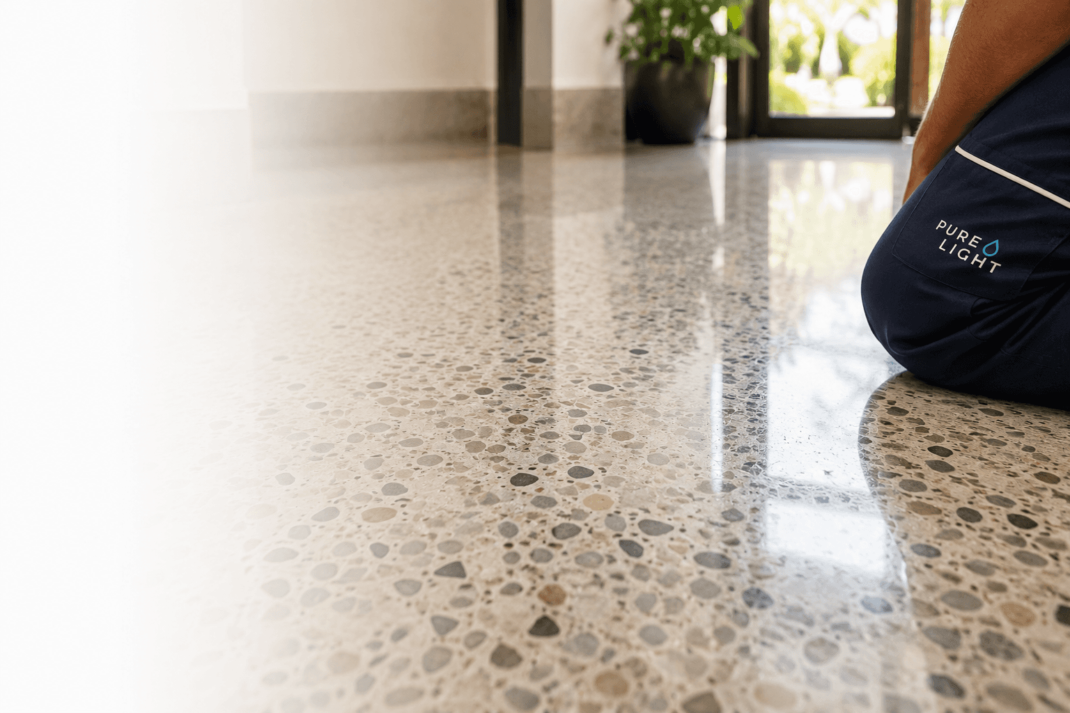 Commercial terrazzo floor being professionally restored.